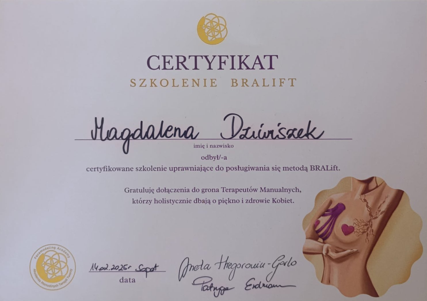 Certyfikat - BRALift Terapia Manualna Biustu