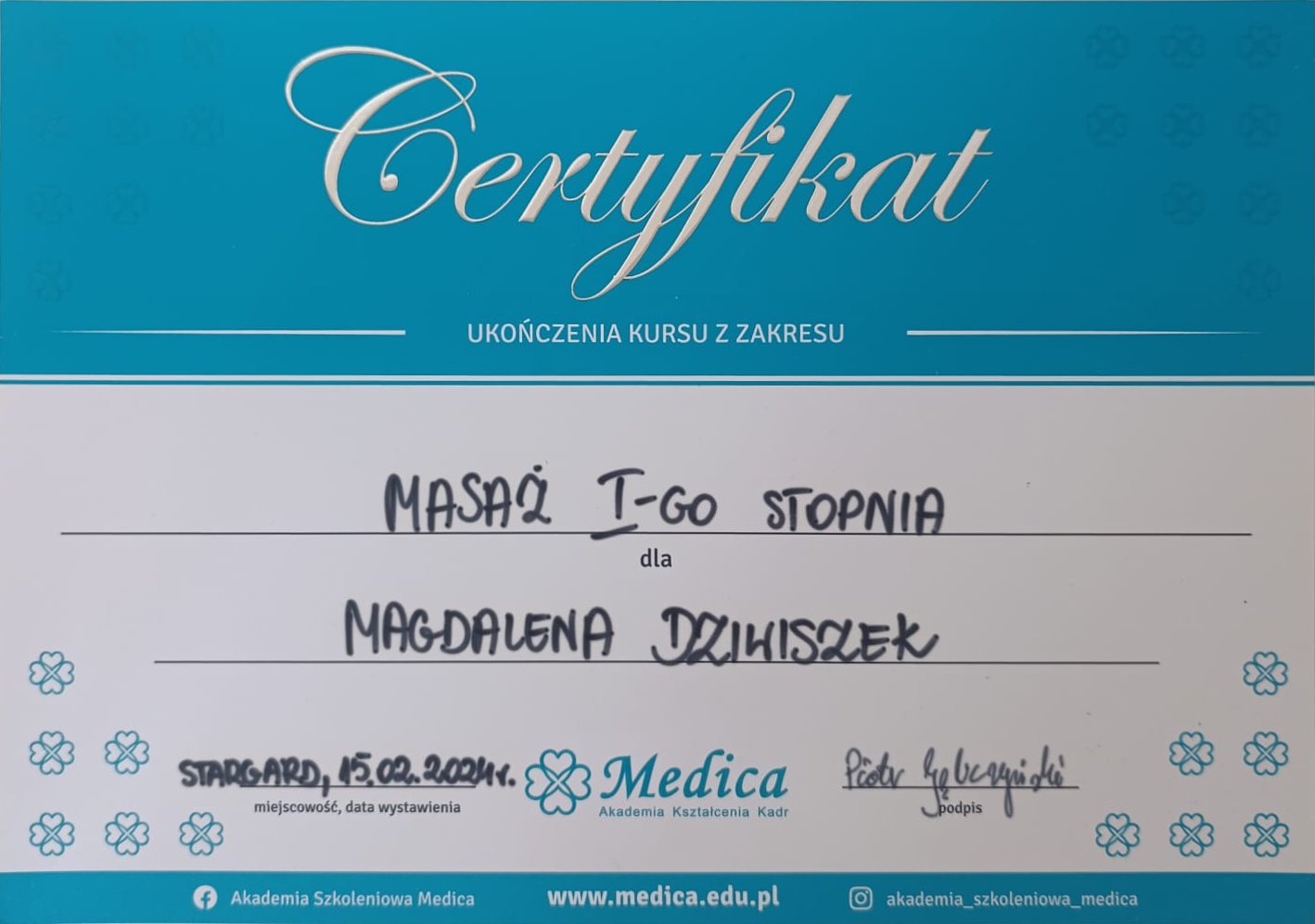 Certyfikat - Kurs Masażu I Stopnia