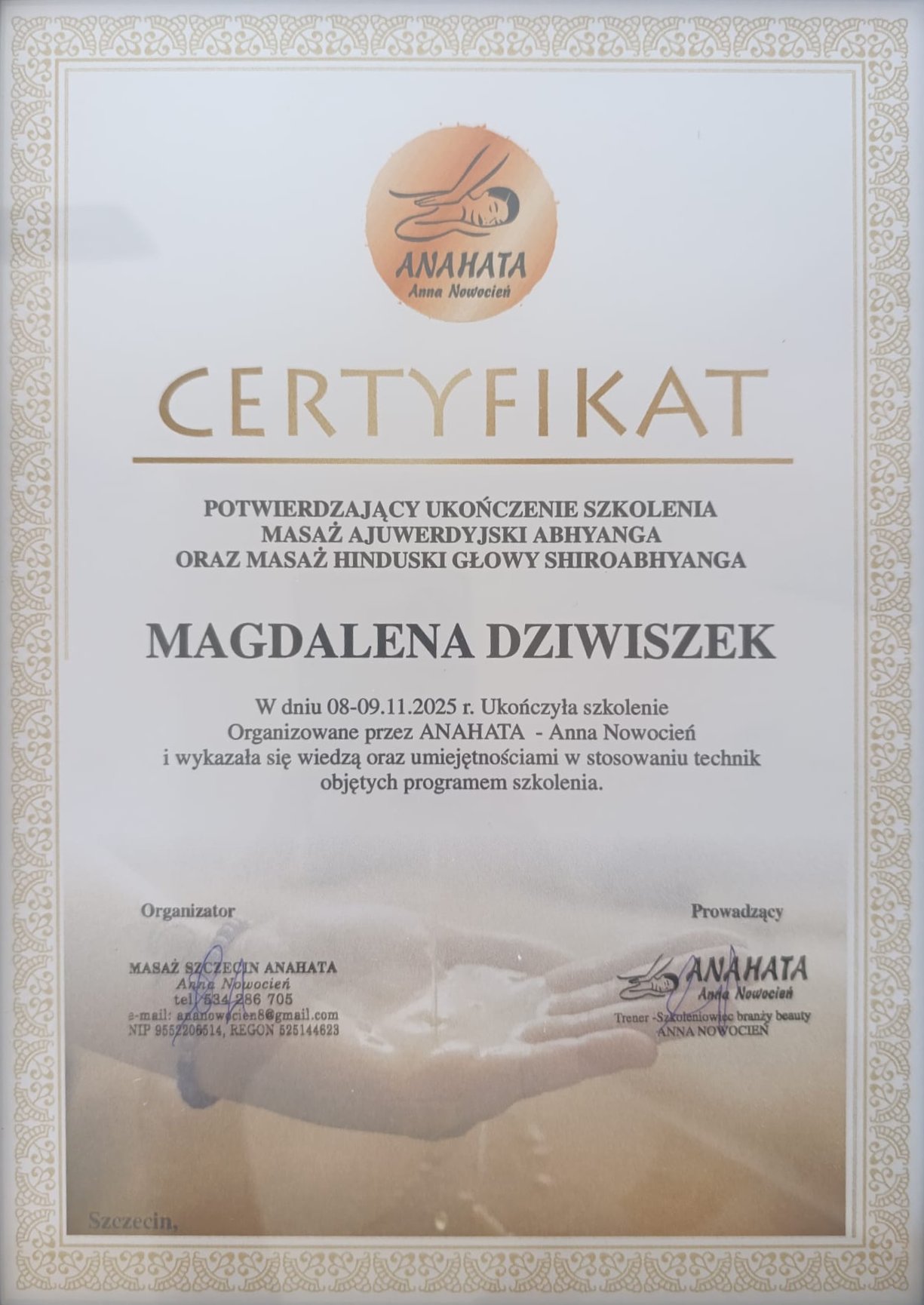 Certyfikat - Masaż Ajurwedyjski Abhyanga i Shiroabhyanga