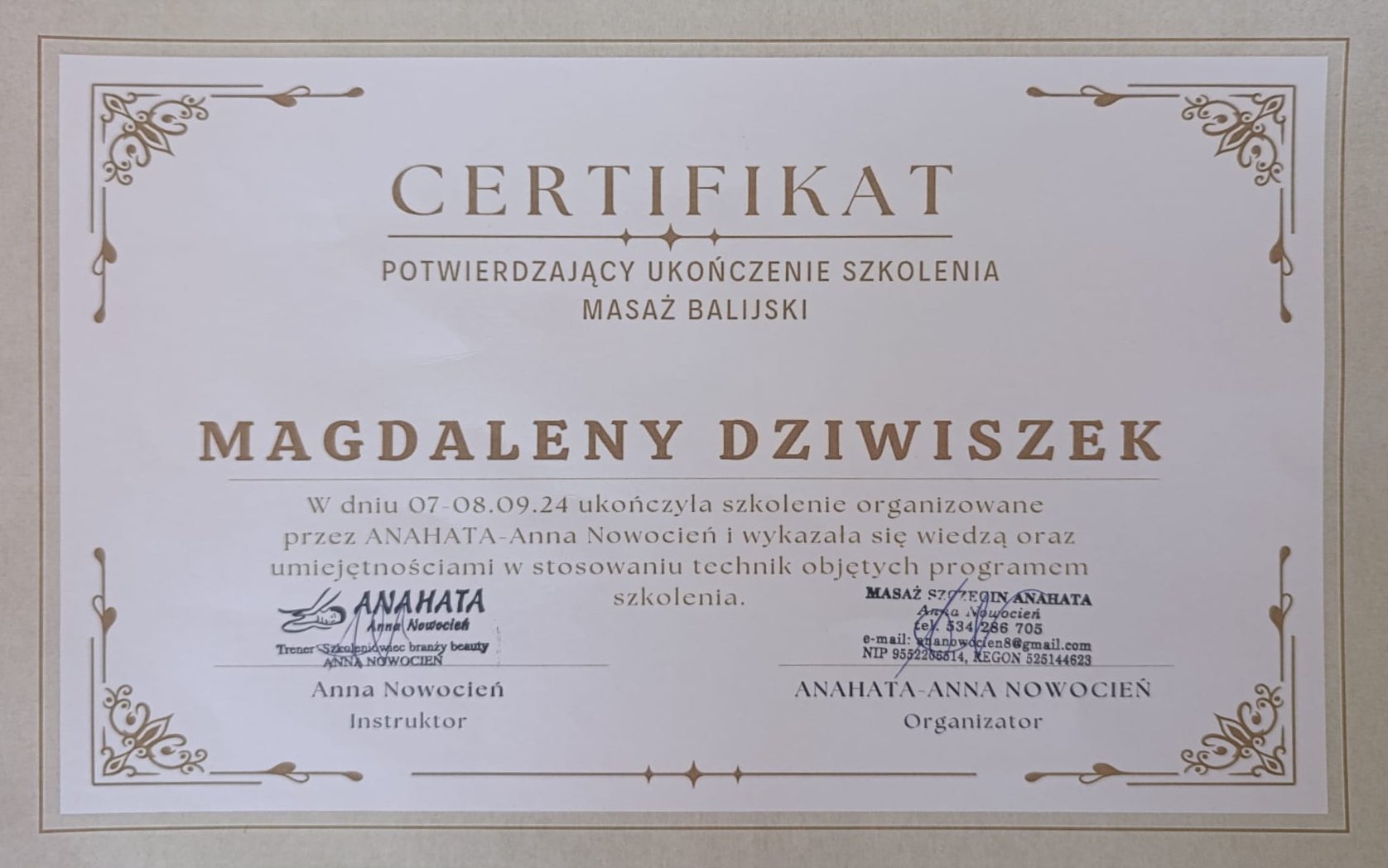 Certyfikat - Tradycyjny Masaż Balijski