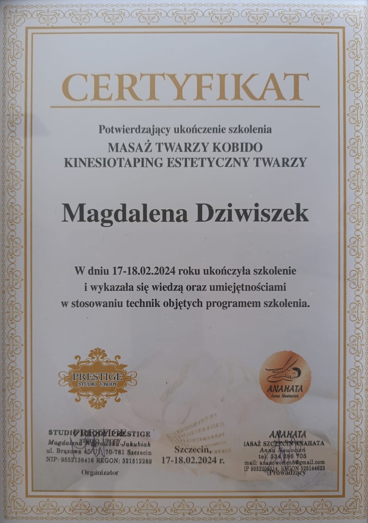 Certyfikat - Masaż Kobido i Kinesiotaping Estetyczny