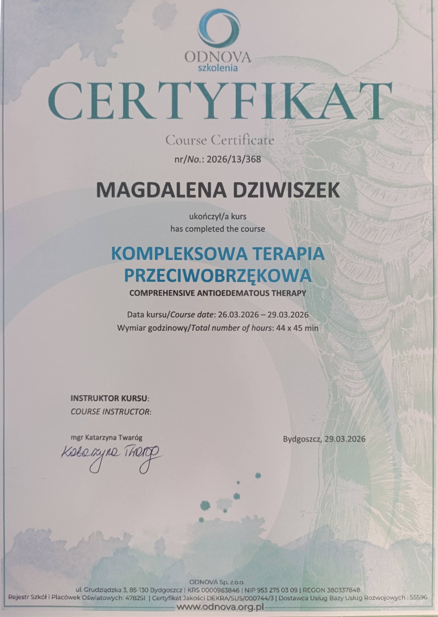 Certyfikat - Kompleksowa Terapia Przeciwobrzękowa